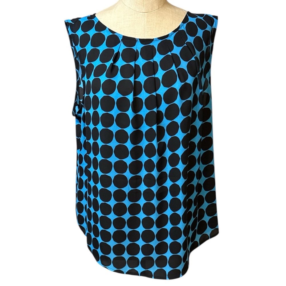 Worthington Womens XL Sleeveless Blouse Blue Black Mod Dot Top NWT